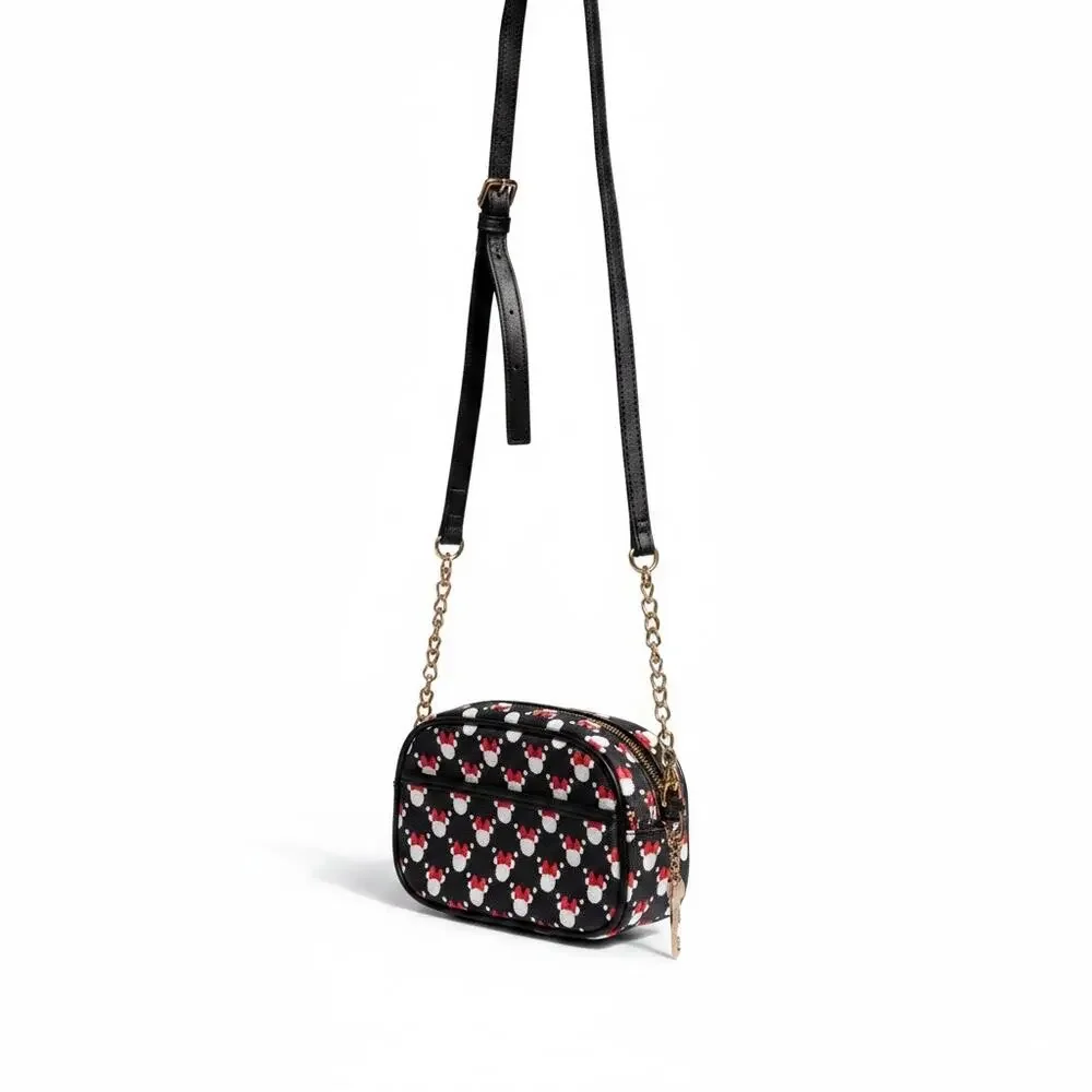 Disney Minnie Mouse Camera Crossbody Bag Black Red Bow Print Chain Strap Purse